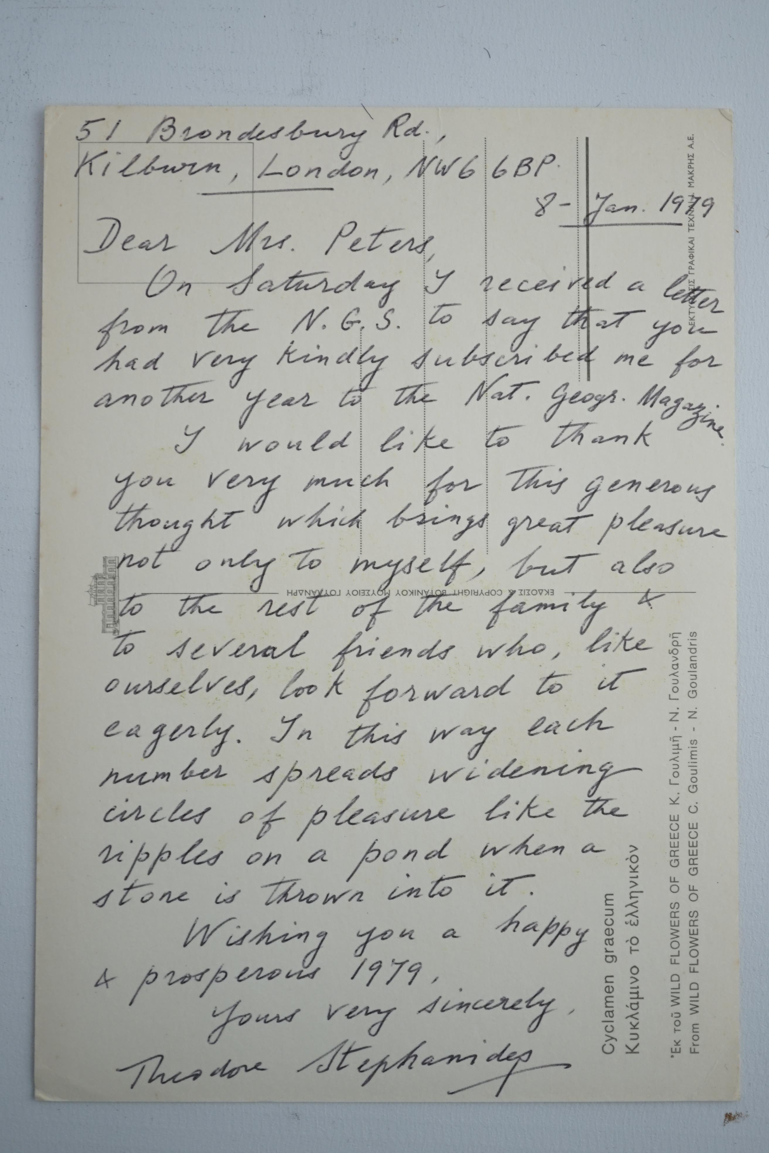 Theodore Stephanides interest; a small archive of correspondence along with a signed and dedicated copy of A Hundred Voices, pub. Kostes Palamas 1976, between Stephanides and Eleanor Peters, including letters, a postcard